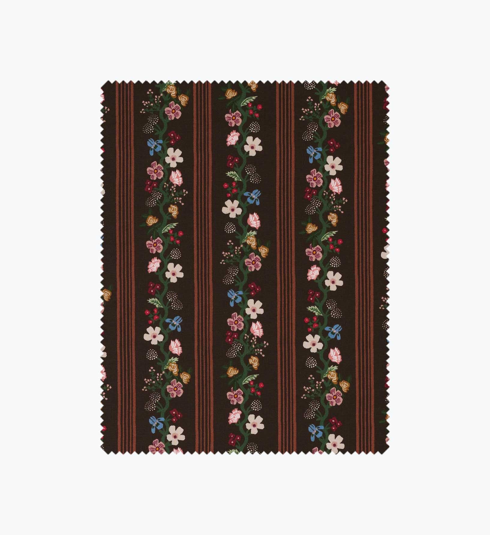 Floral Trellis Stripe Cotton Fabric - Cocoa